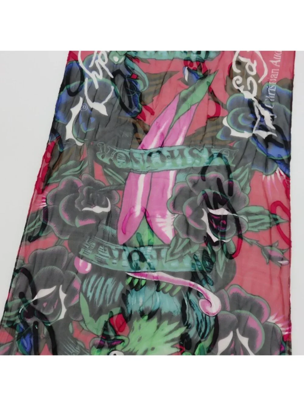 Ed Hardy All Silk Red Green Black Rectangle Scarf Graphic Tattoo Roses Eagle Y2K
